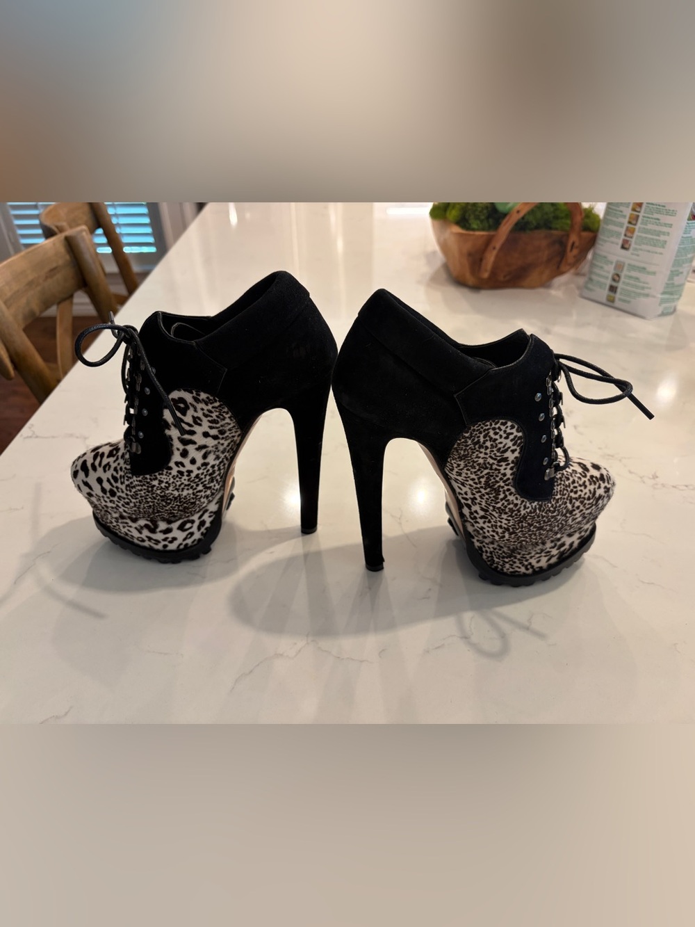 ALAIA Black/White Leopard Print Calf Hair And Suede High Heeled Platform Shoes